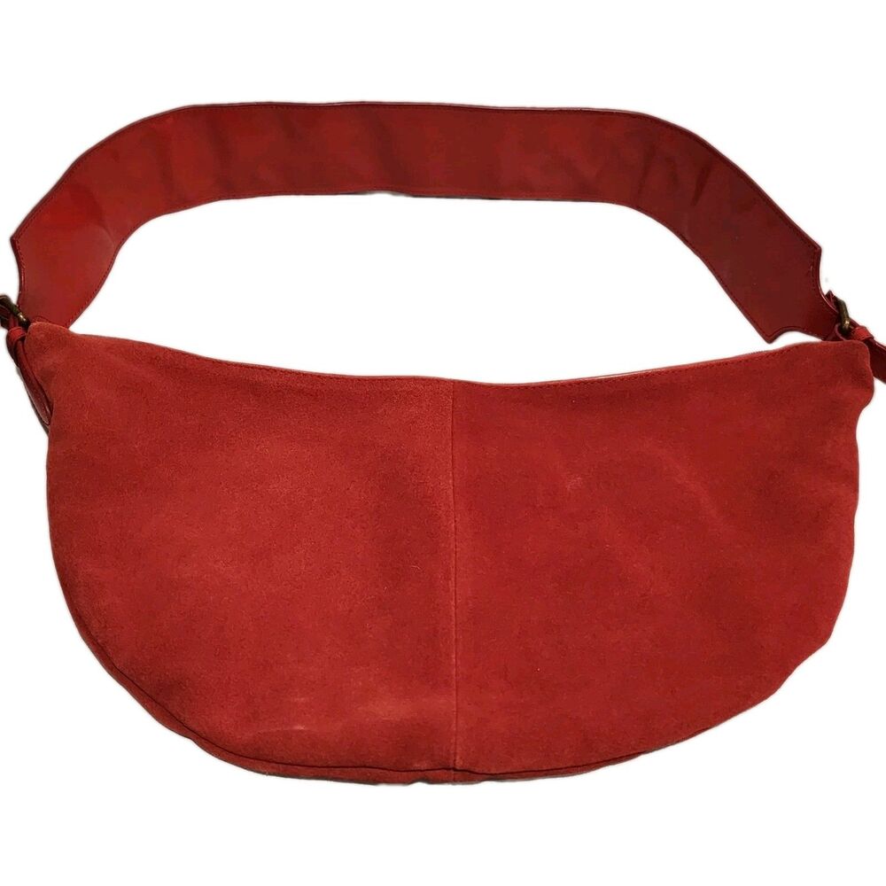 Vintage Y2K Newport News Red Suede Hobo Bag Embroidered Boho Shoulder Purse - Picture 4 of 16